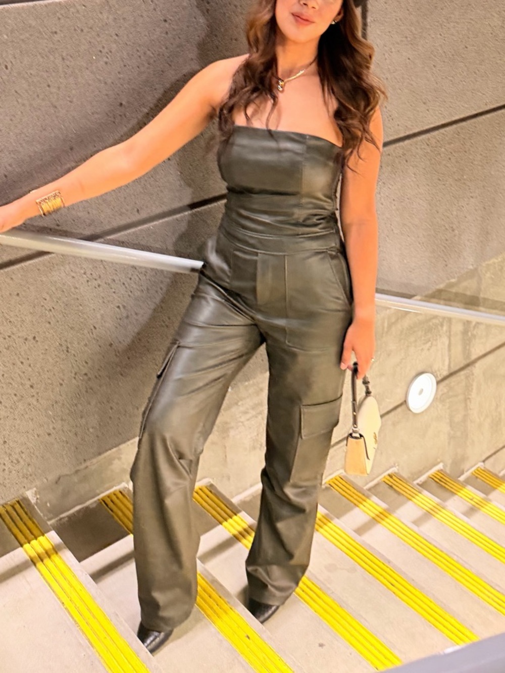 ZARA Faux Leather Strapless Cargo Jumpsuit - Size M
